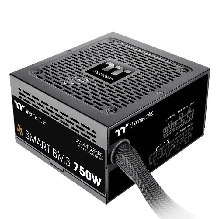 Black Thermaltake power supply, model SMART BM3 750W. Shows connection diagrams and ventilation grilles. Suitable for computer builds.