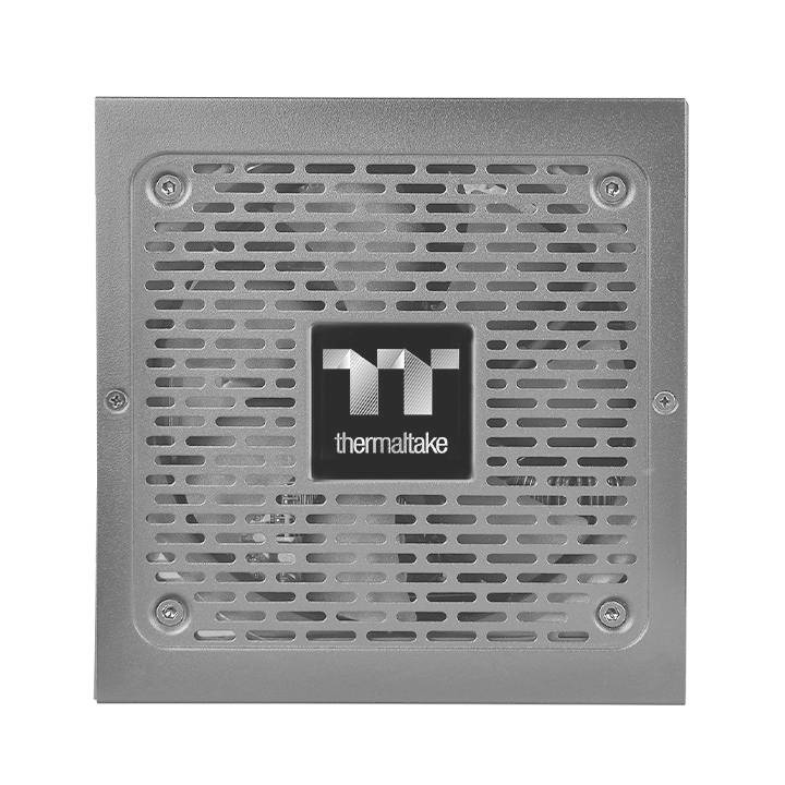 Power supply with ventilation grille and 'Thermaltake' logo in the centre.