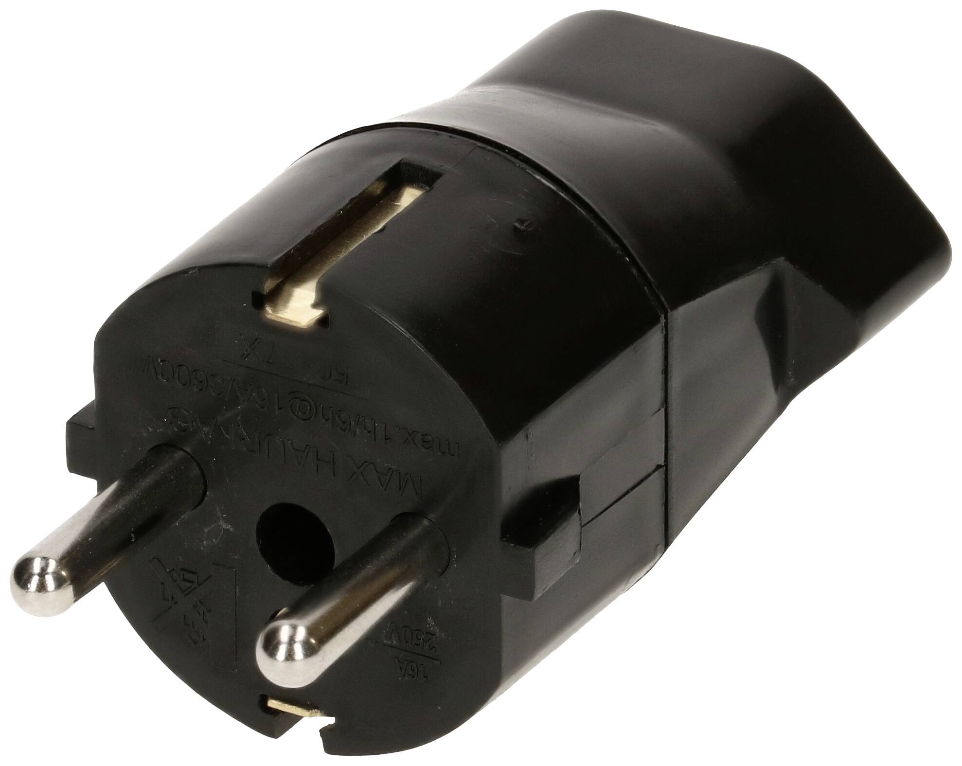 A black Europlug with two metal pins, suitable for electrical devices in Europe.