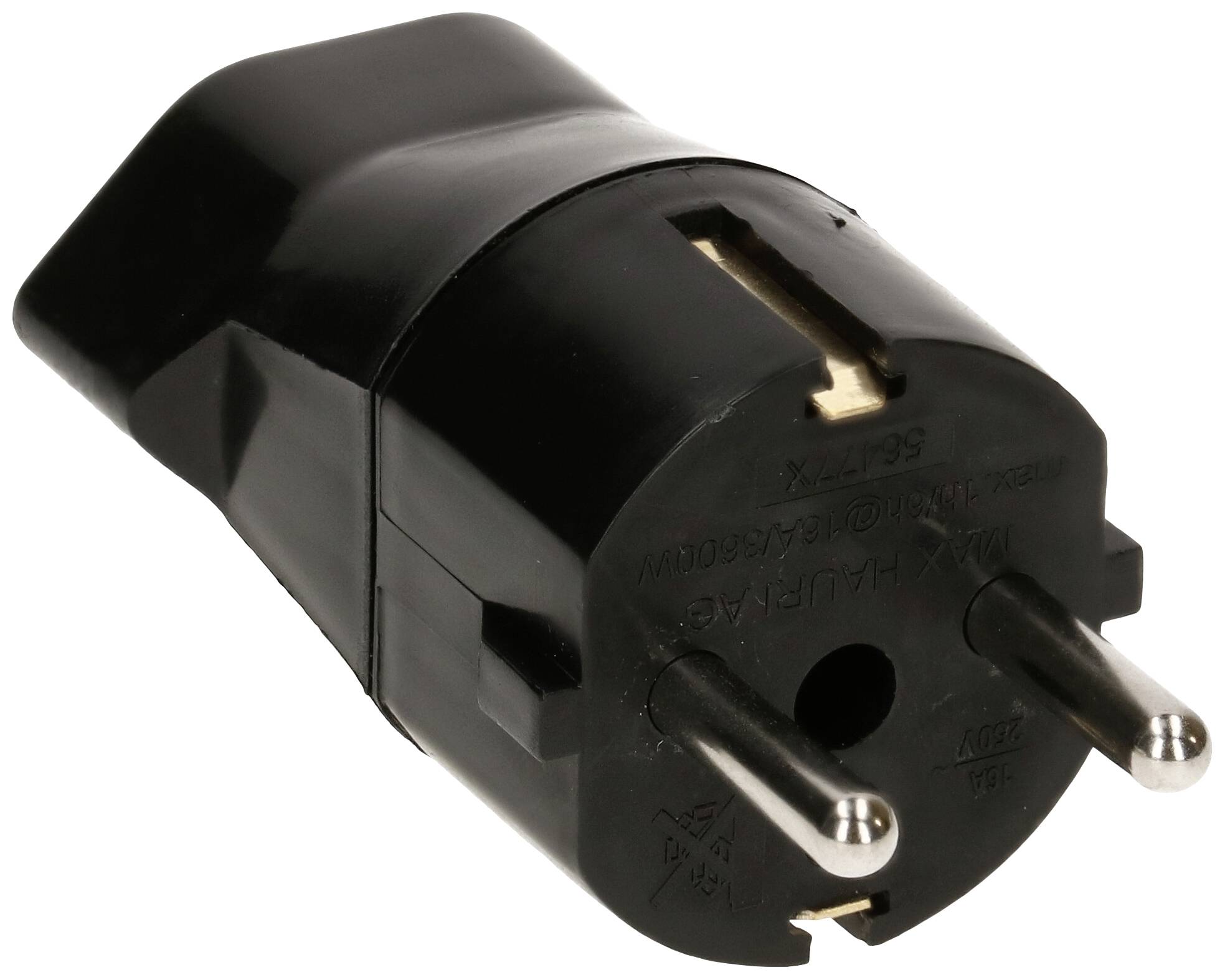 Black European plug adapter with two metal pins, suitable for European power sockets.