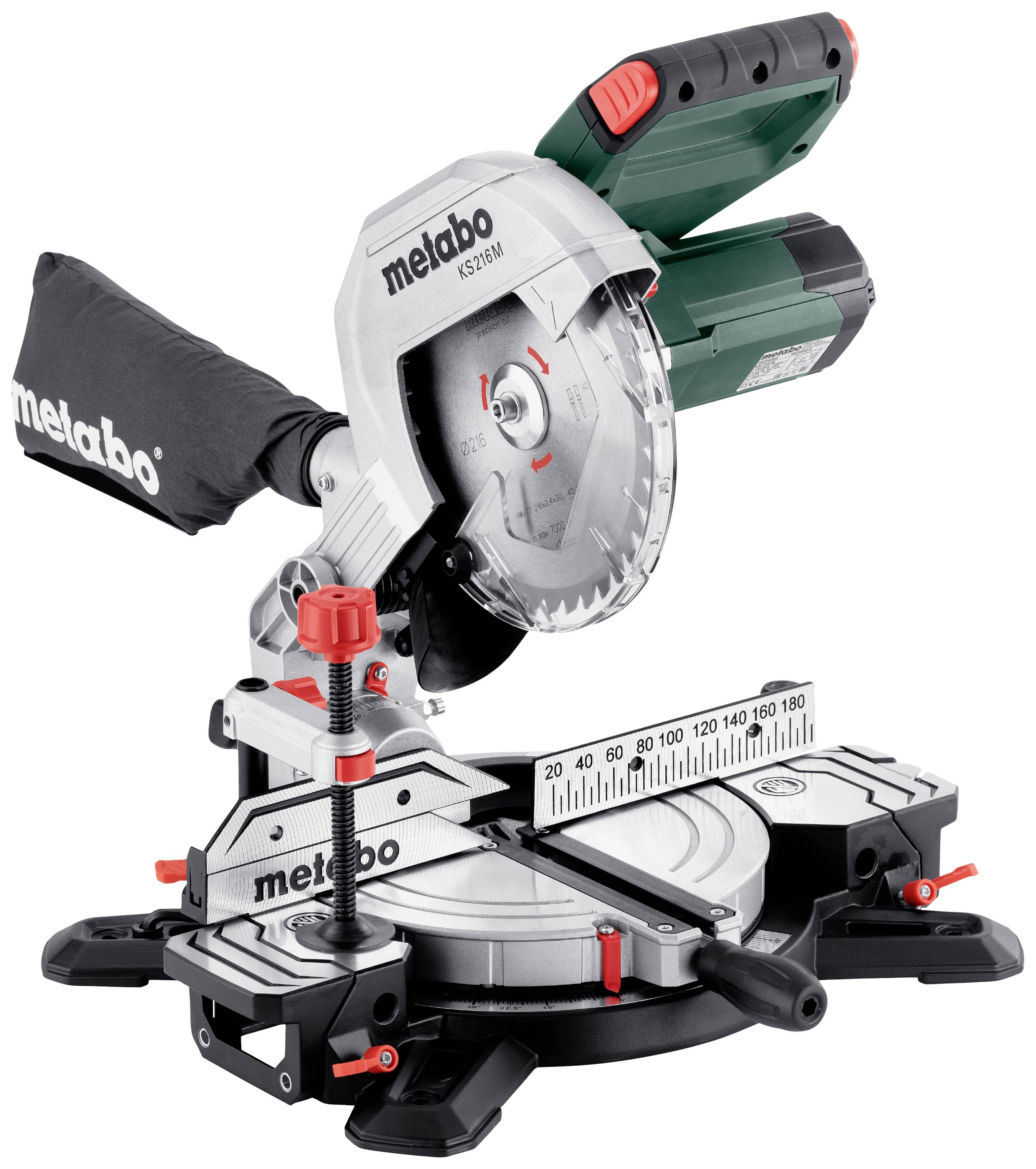 Mitre saw by Metabo with precise angle adjustment, silver saw blade and red clamping element, suitable for woodworking.