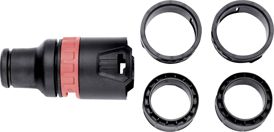 Black and red plug adapter on the left, four black sealing rings on the right. Accessories for pipe or hose connections.