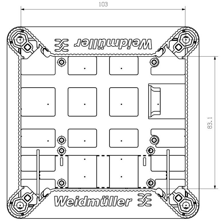 Technical drawing of a Weidmüller enclosure with dimensional units. Shows mounting points and internal layout for component assembly.