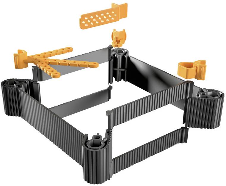 Black plastic frame with four corners, orange components that can be inserted into openings, symbolises modular construction principle.