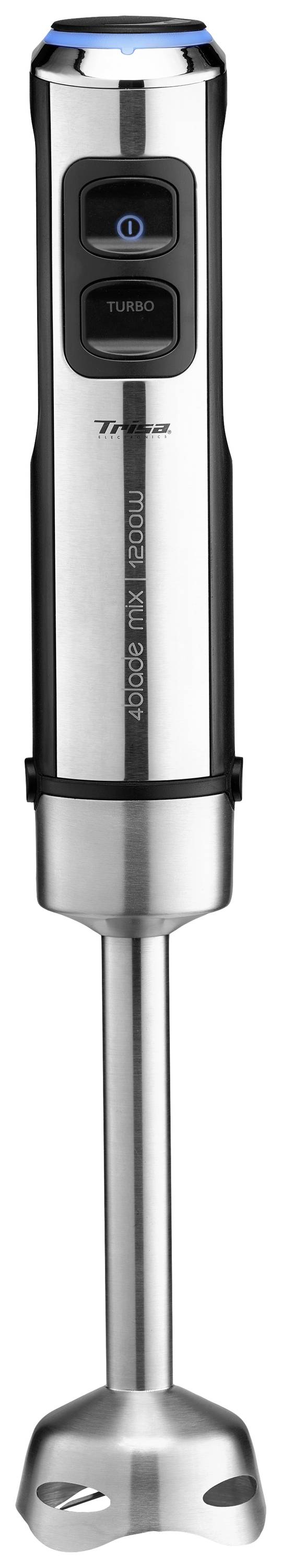 Stainless steel hand blender with two buttons for on/off and turbo function. Suitable for blending soups and smoothies.