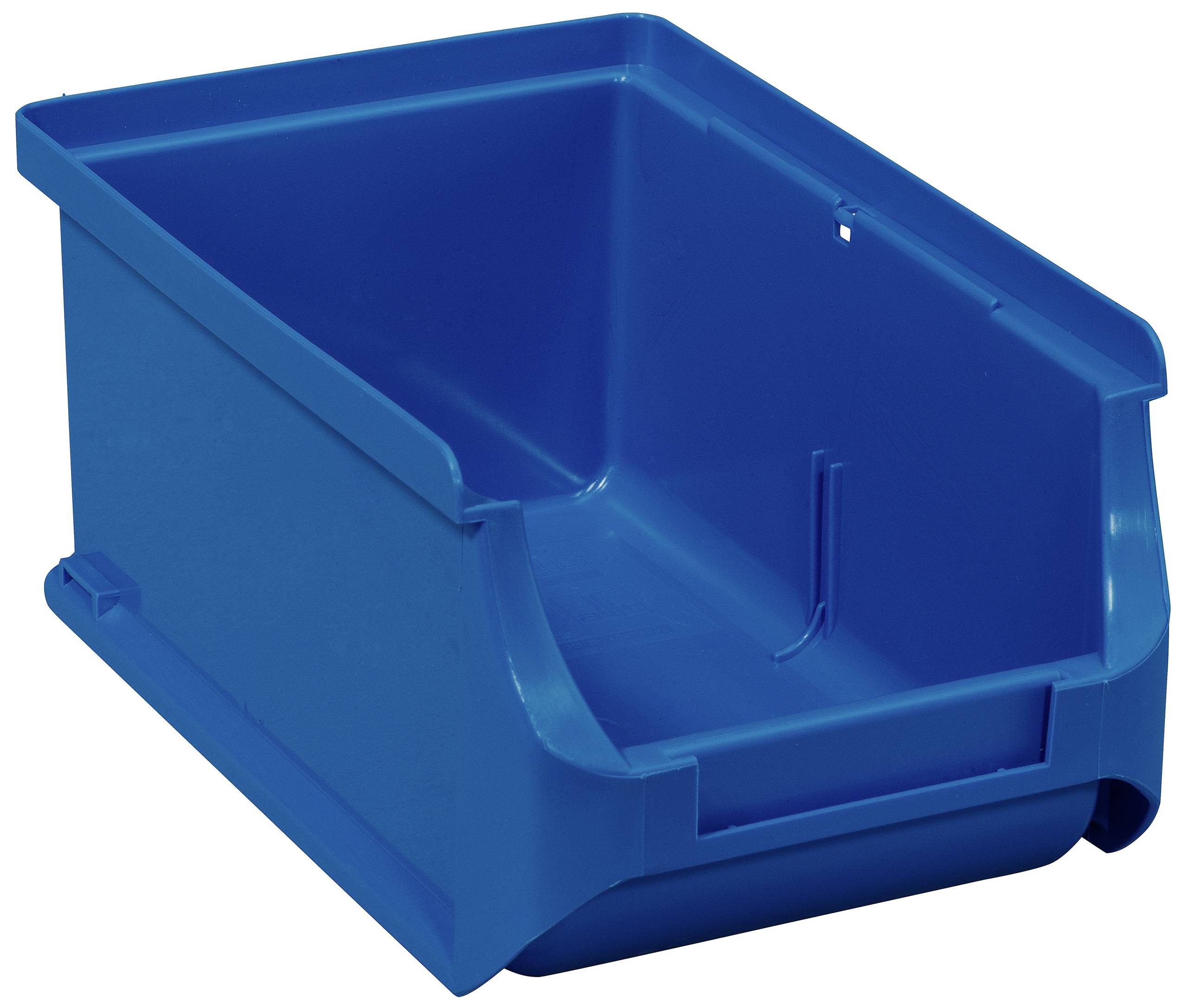 A blue, rectangular storage container with an open front access, suitable for storing smaller items.