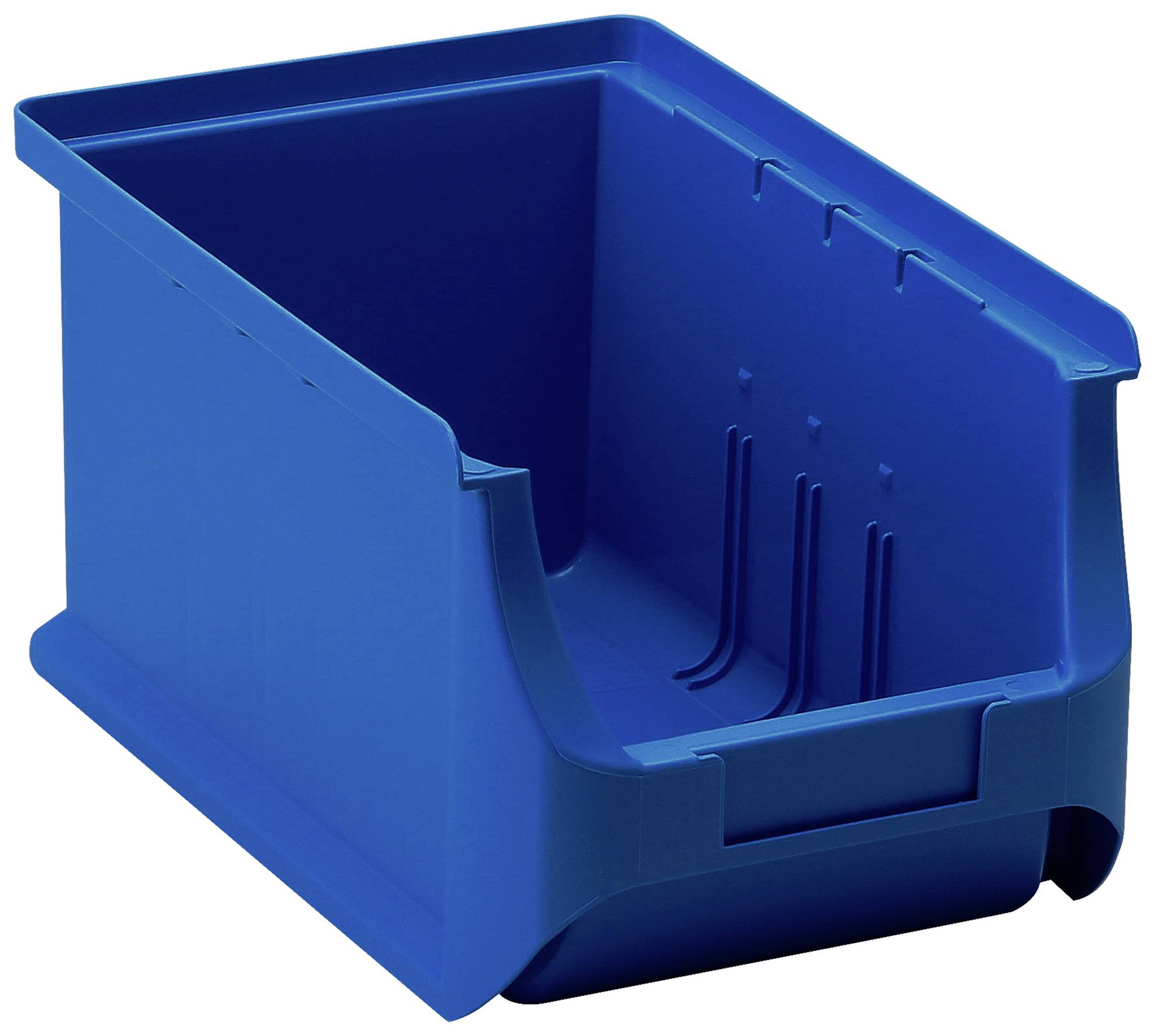 Blue plastic container with an open lid, rectangular in shape, with reinforced ribs on the sides for storage purposes.