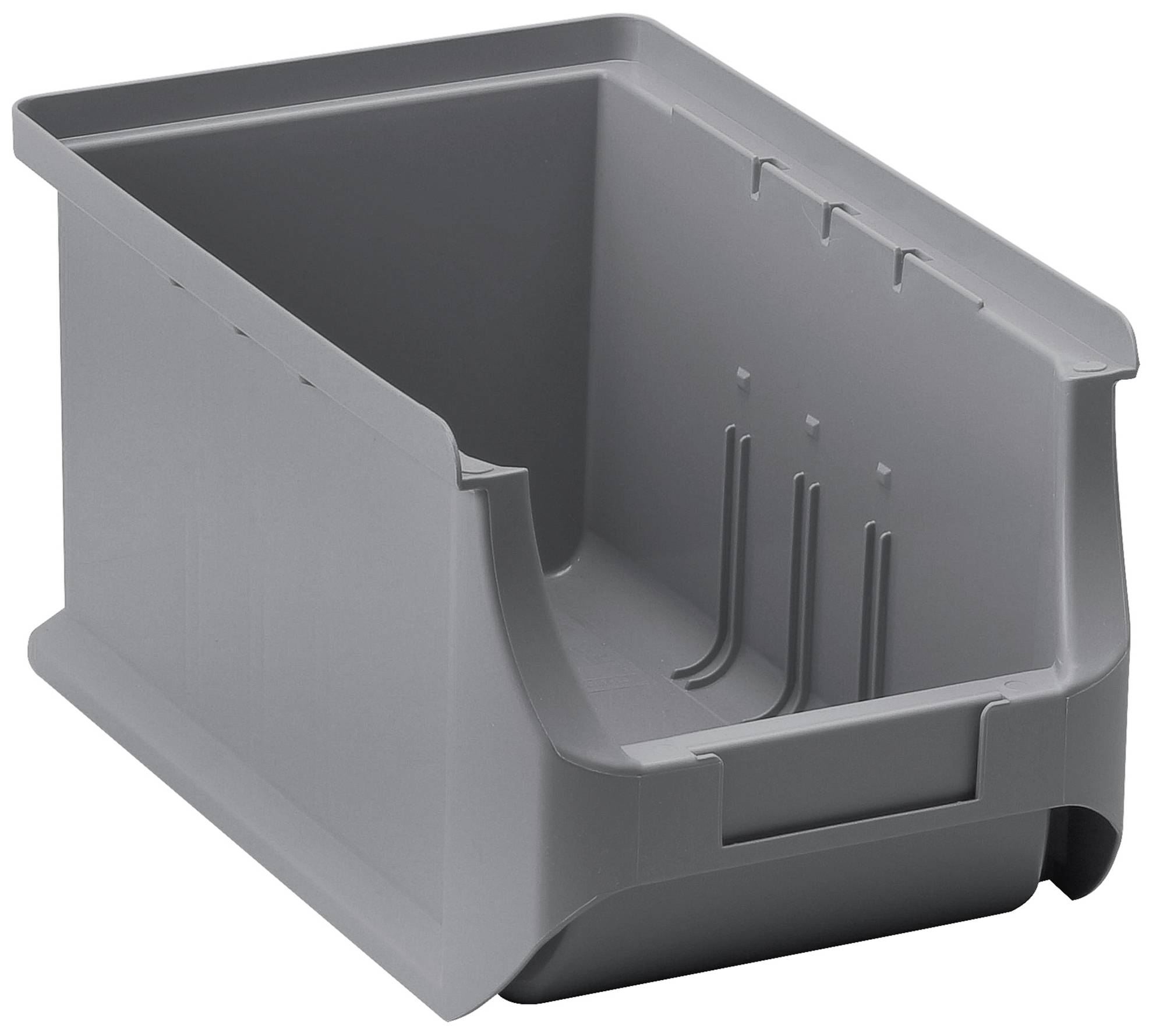 A large, rectangular, grey plastic container with an open front, ideal for storing objects or parts.