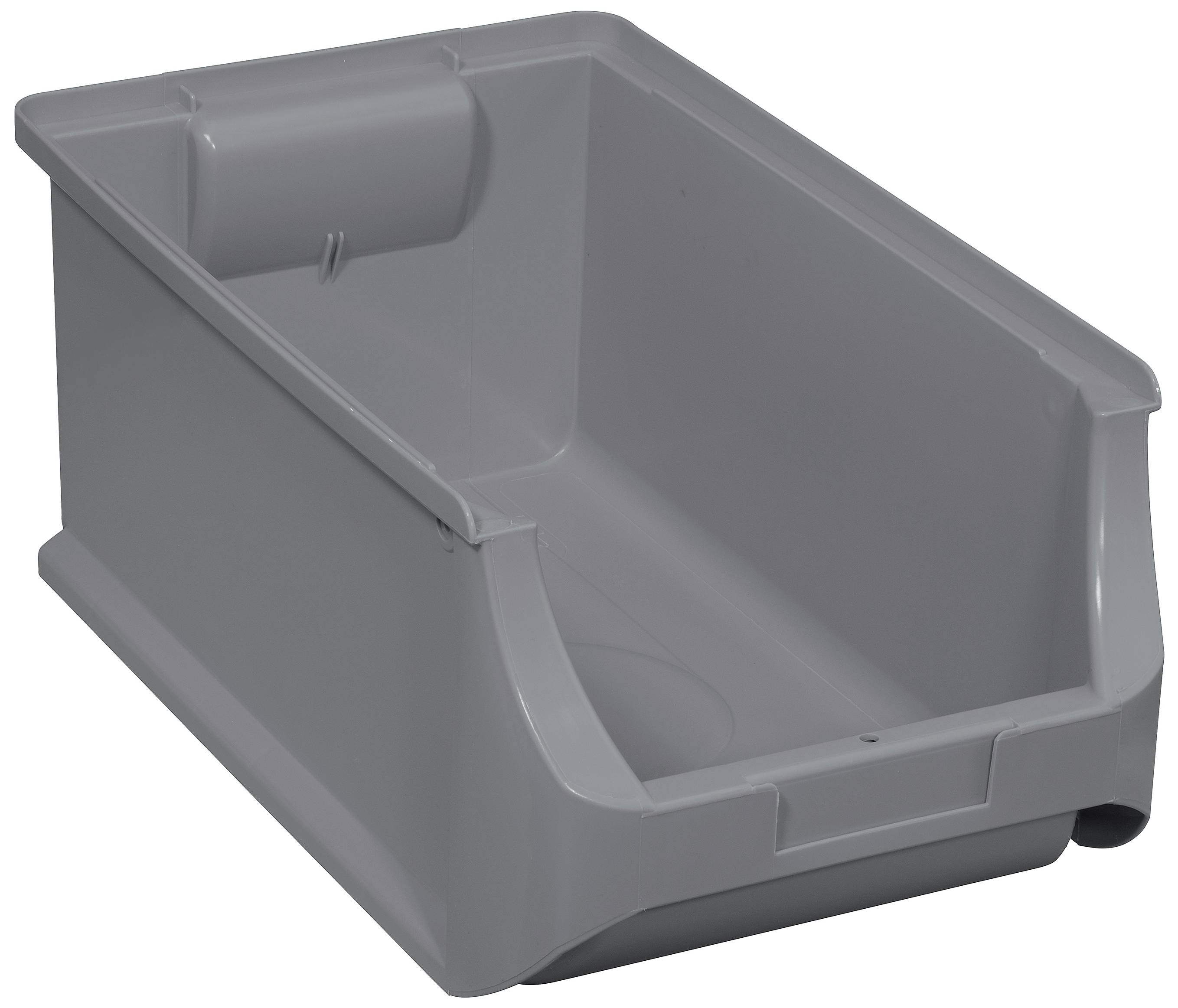 Grey plastic storage box with an open front, suitable for storing small items.