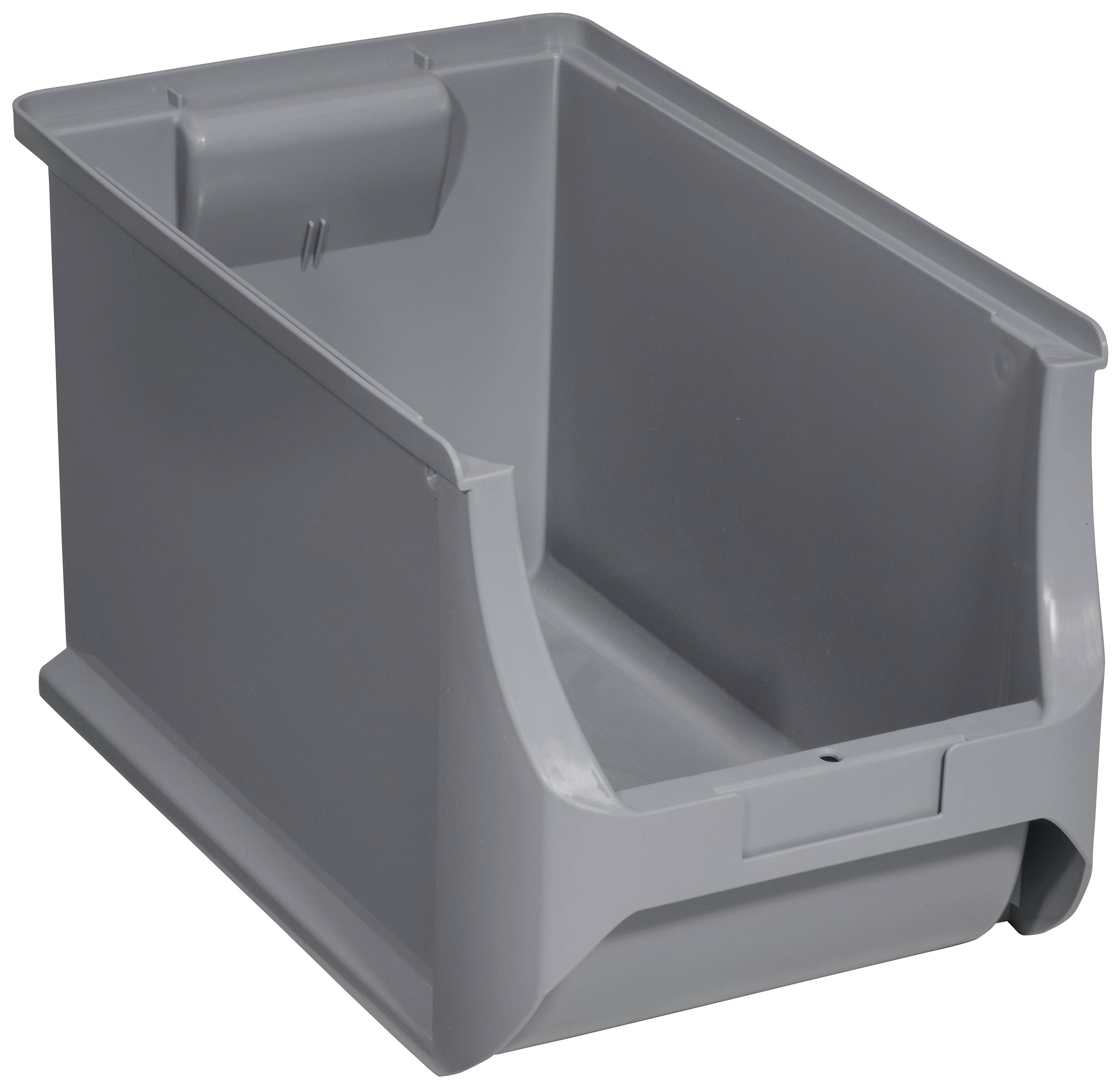 Grey, stackable plastic storage box with front access. Ideal for storing and organising small items.
