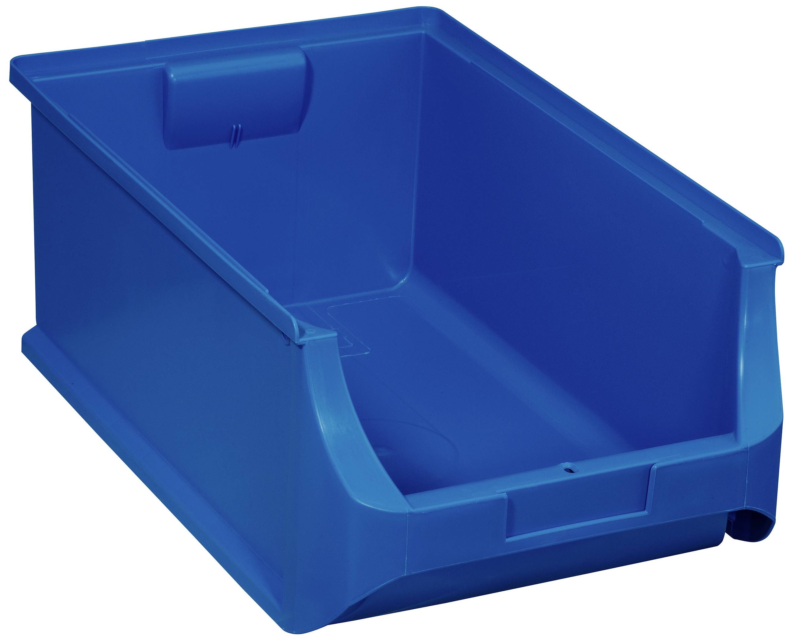 Blue plastic storage container with front opening, ideal for organising and storing items.