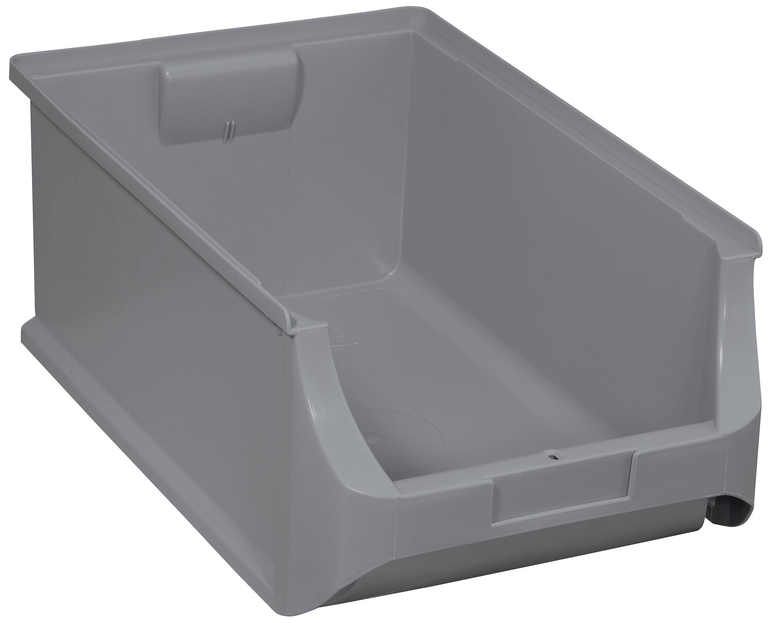 Grey plastic storage box with front handle and high back, ideal for storing small parts in workshop or warehouse.