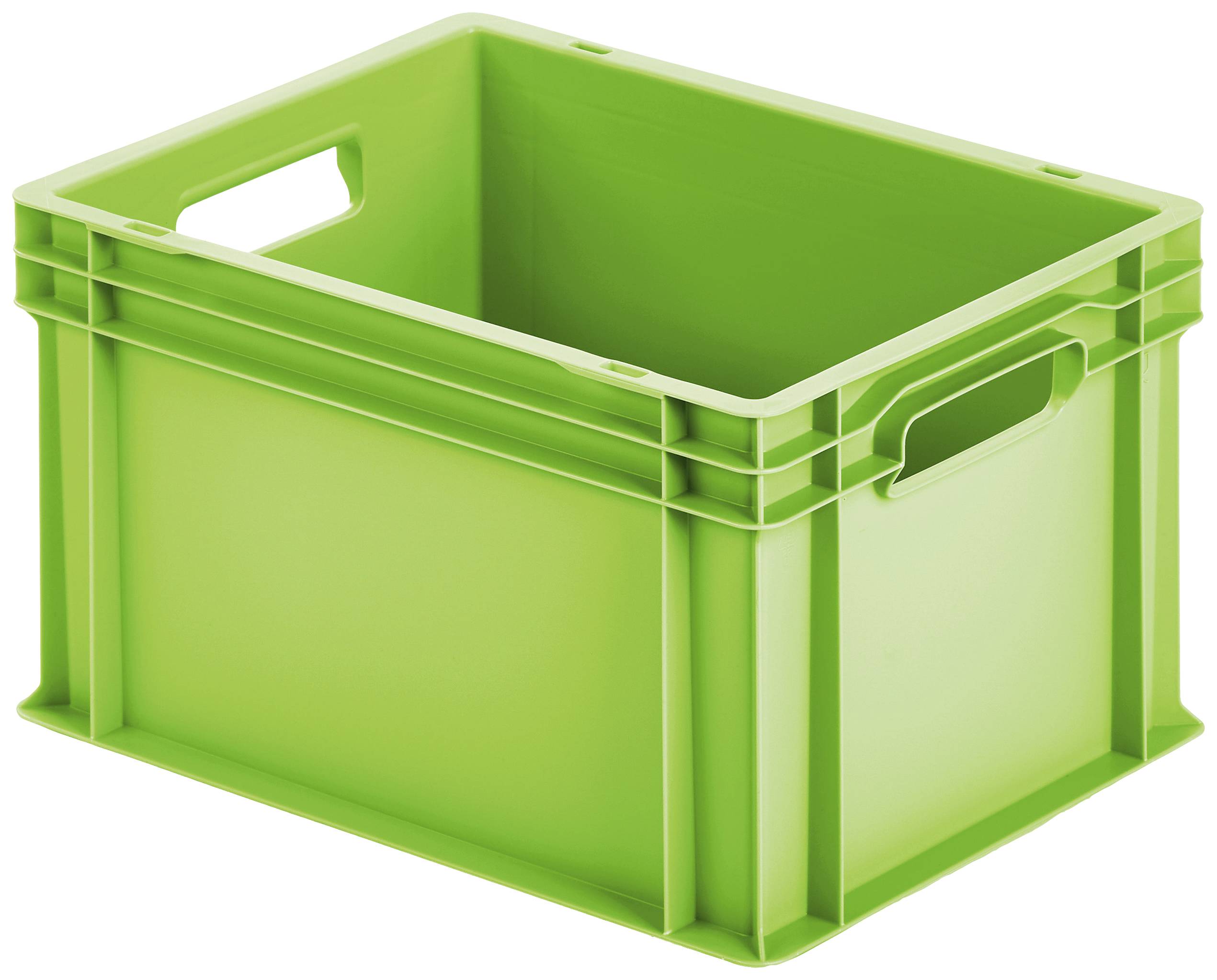 Green plastic storage box with a rectangular shape and integrated side handles. Ideal for storage and transportation.