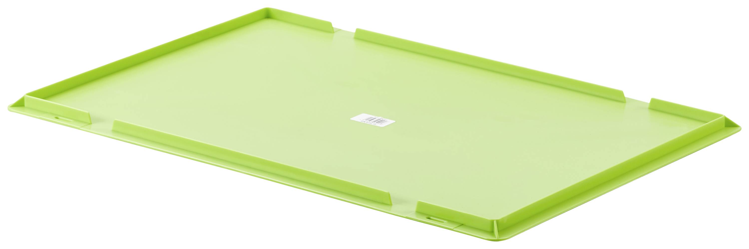 A flat, rectangular, light green plastic lid with slightly raised edges, lying on a flat surface.