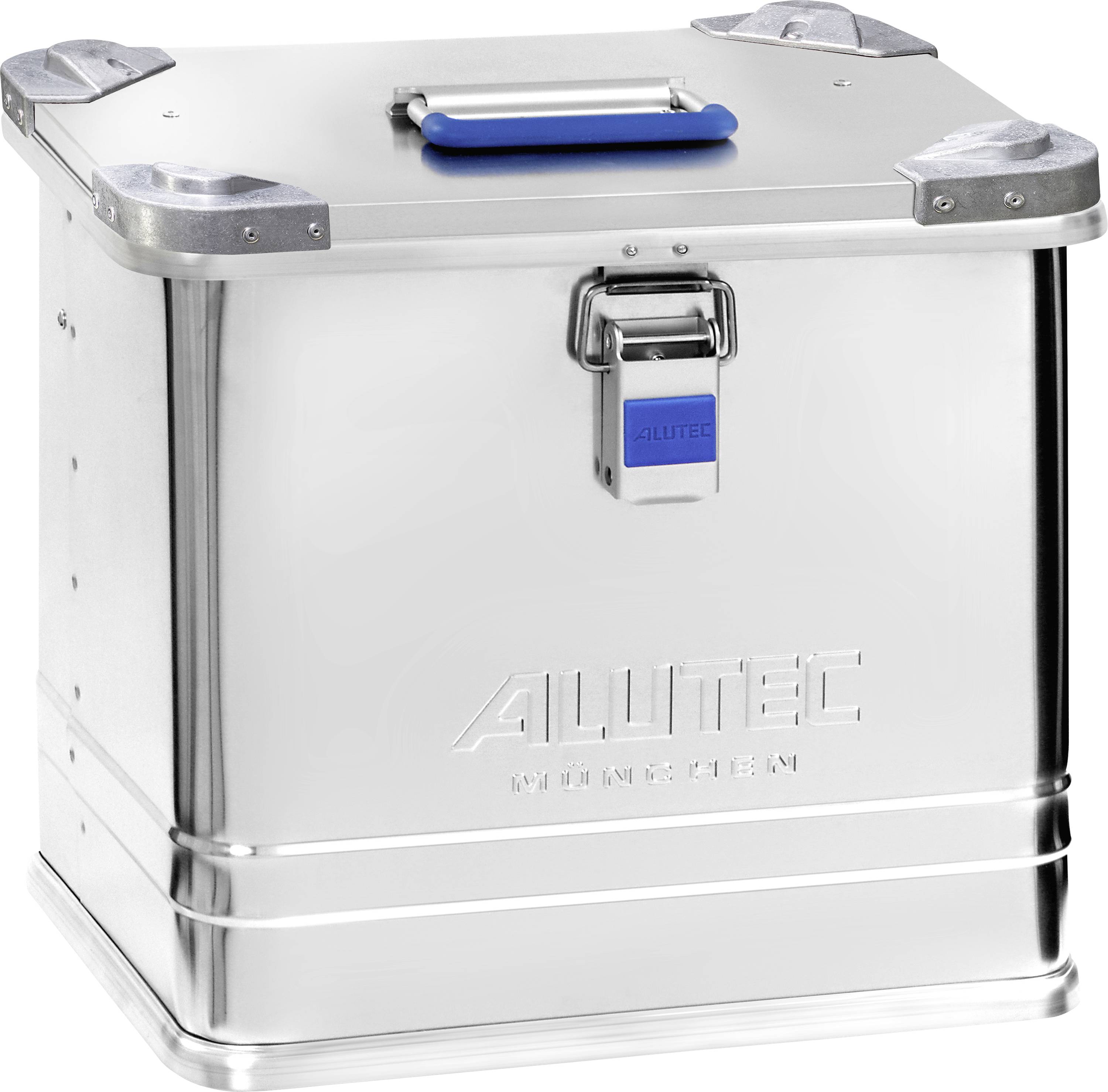 Aluminium storage box with a blue handle and latch, featuring embossed branding on the side. Suitable for secure and durable storage.