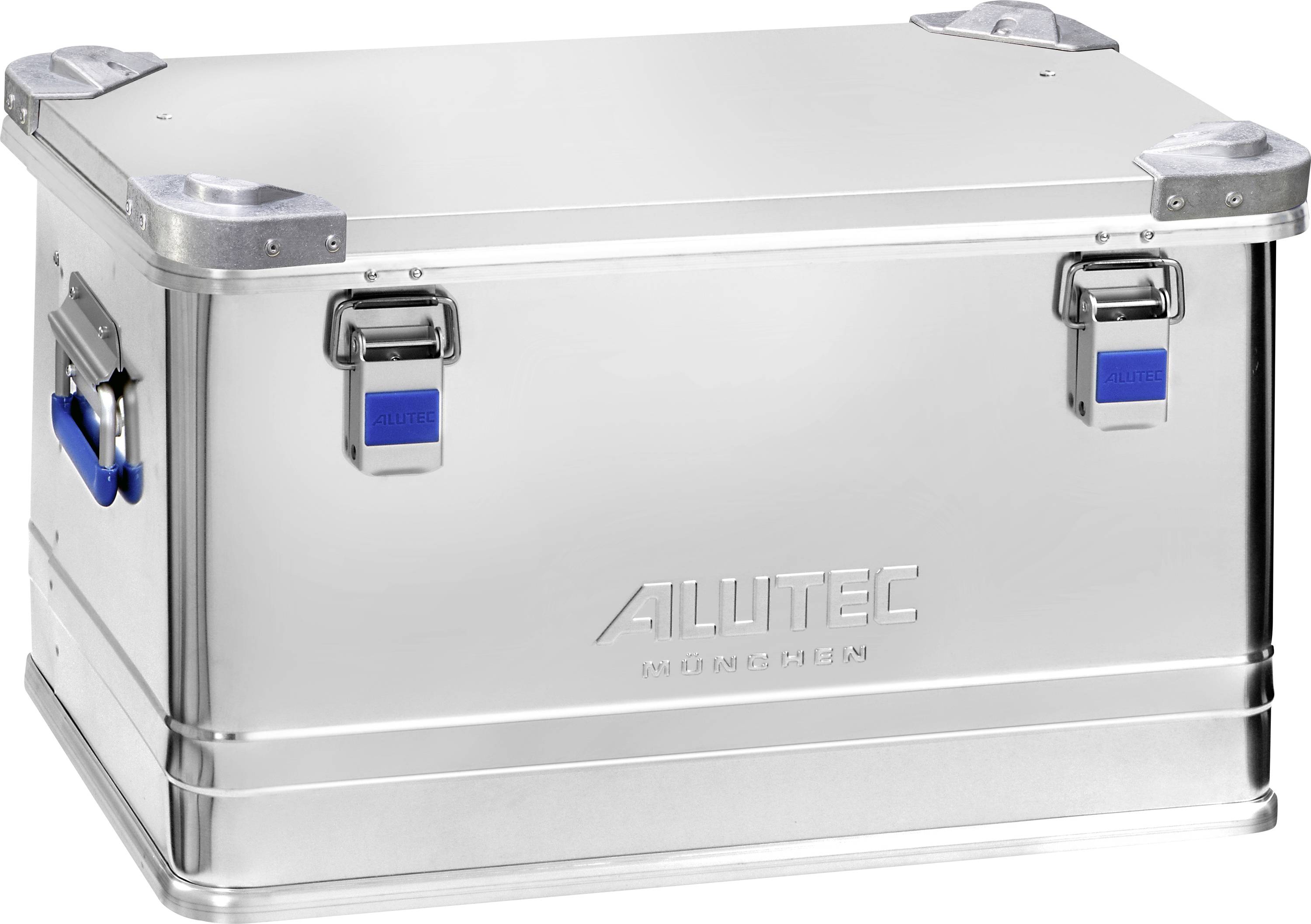 A silver metal storage box with reinforced corners and two secure latches, branded 'ALUTEC'. The box features blue handles on each side.