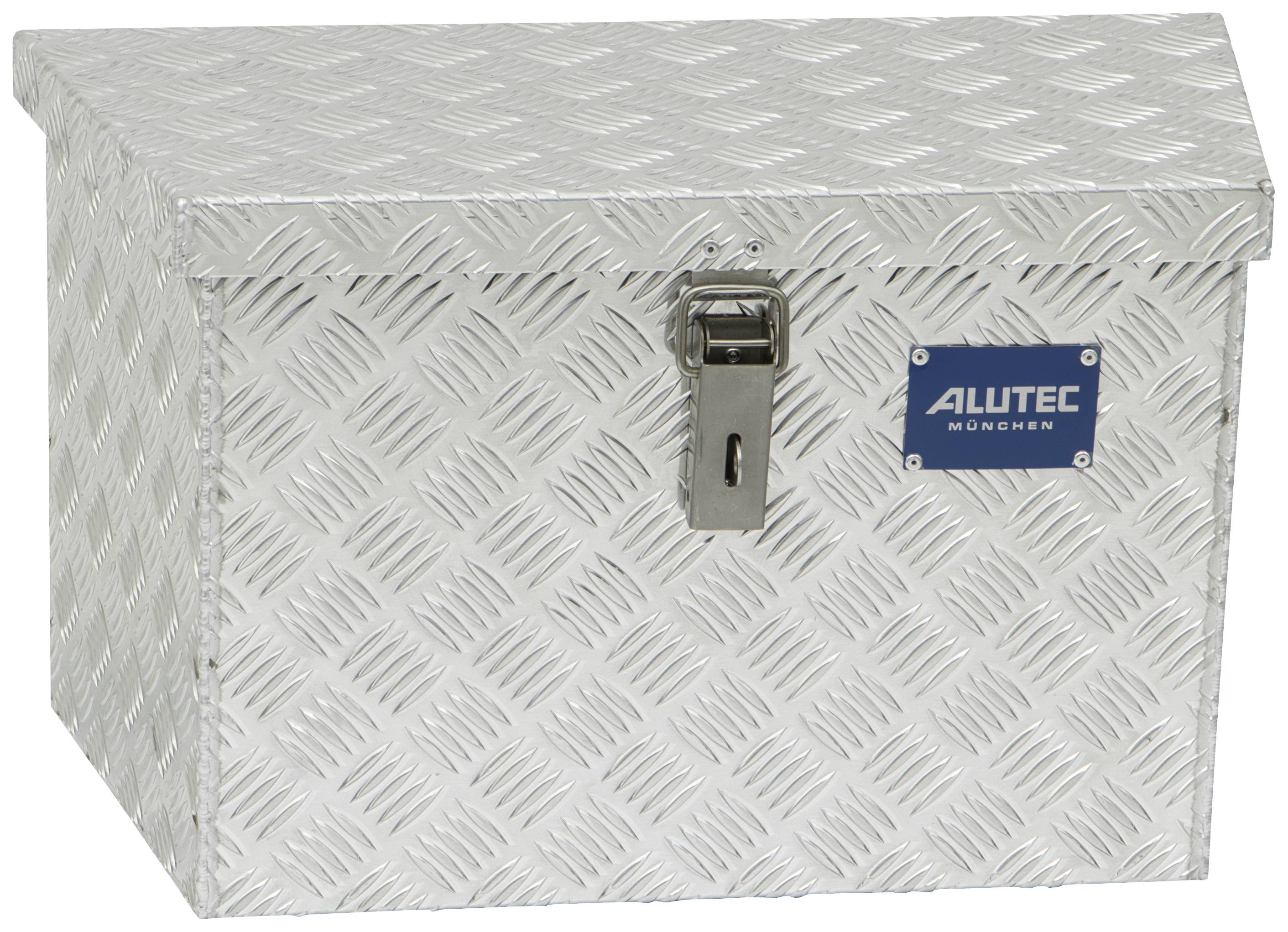 Silver aluminium box with diamond pattern, lock, and 'ALUTEC München' logo on the front.