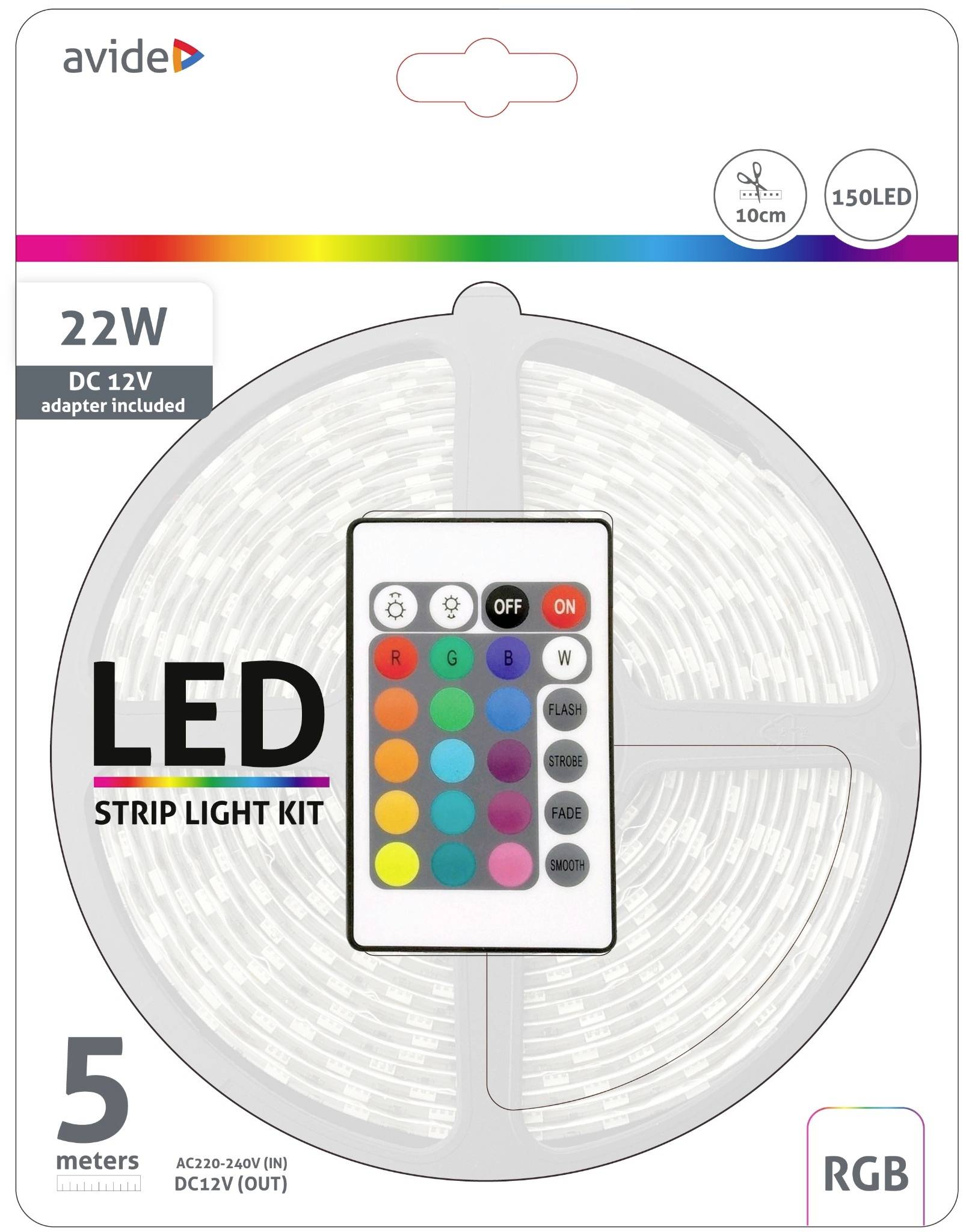 LED Strip Light Kit, 22W, 5 Metres, 150 LED, RGB, including Remote Control with Colours and Modes. Power Supply DC 12V.