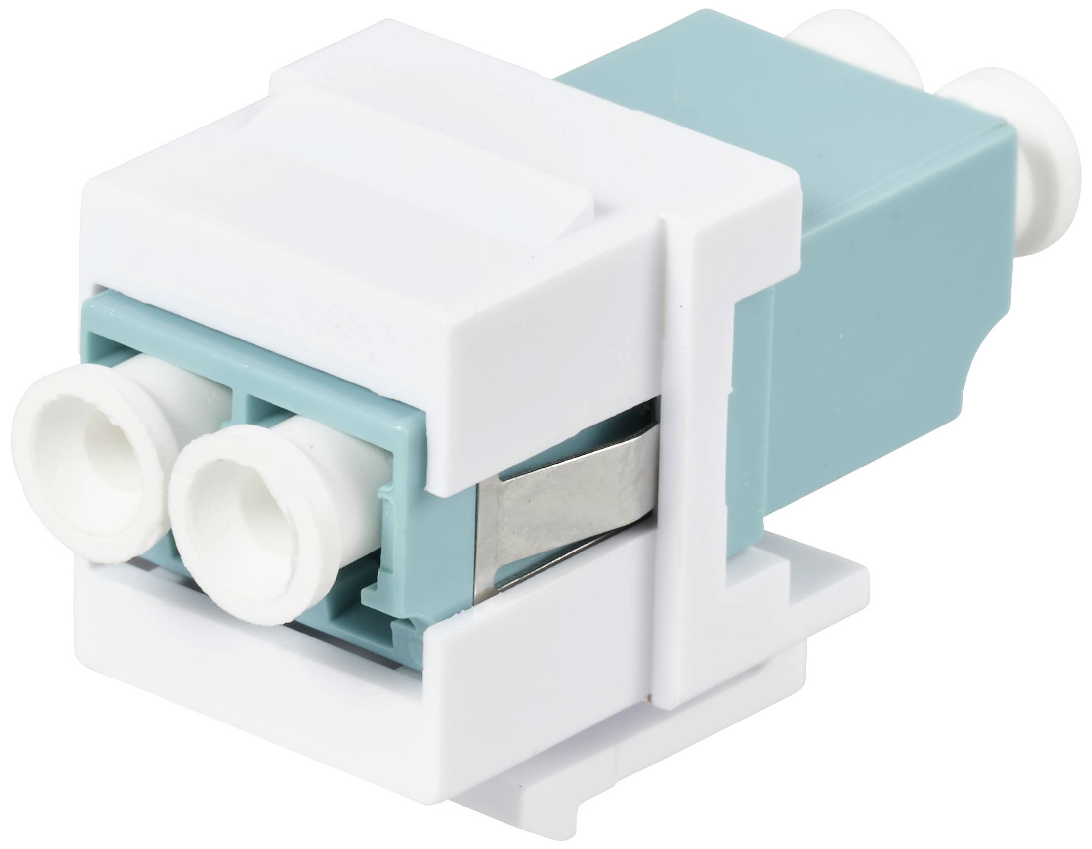 Fibre optic adapter with two ports in light blue and white, suitable for LC duplex connectors, commonly used in networks.