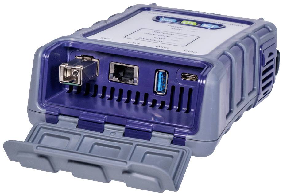 Blue electronic device with multiple ports: USB, Ethernet and fibre optic. Front panel with a flap for port access.