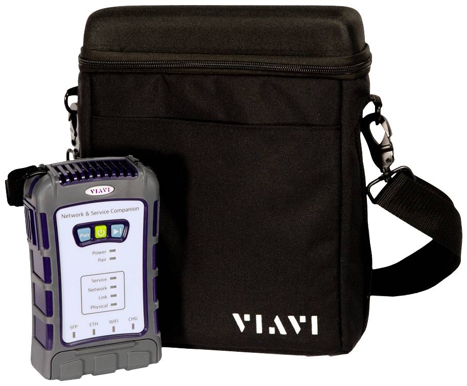 Pouch and network tester by VIAVI; device displays status of power, service, network, link and physical.