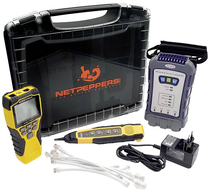A set of network testing equipment and accessories, including a carry case, cable tester, testing device, power supply and cable clips.
