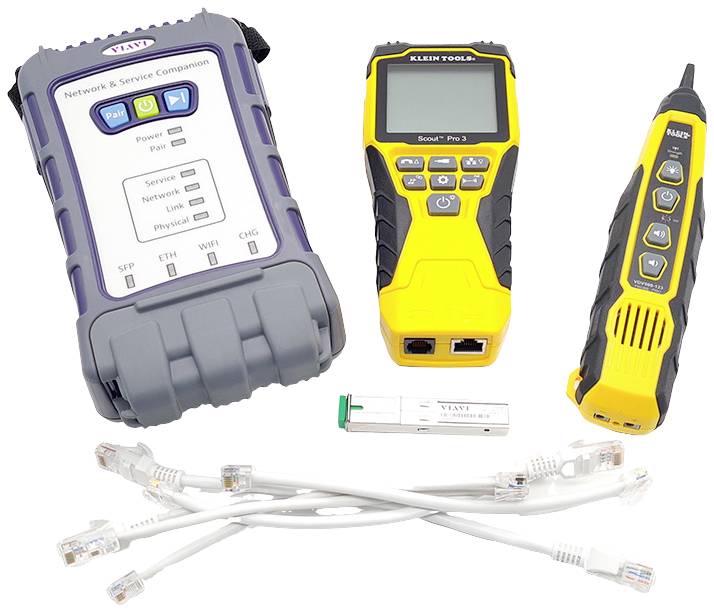 A network tester set with three devices, a network & server companion, a LAN test device and a cable tester, along with an SFP module and eight network cable ends.