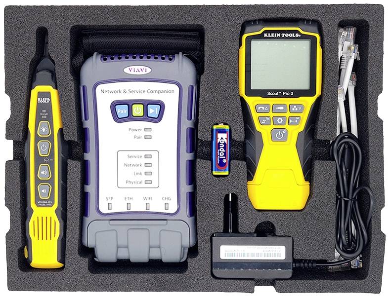 Network Testing Device Set in foam packaging. Contains cable tester, network analyser, batteries and connecting cables.