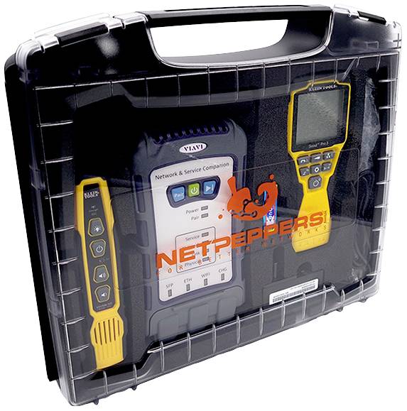 'NetPeppers' transport case with network and service components: handy multi-functional device, two yellow testing instruments.
