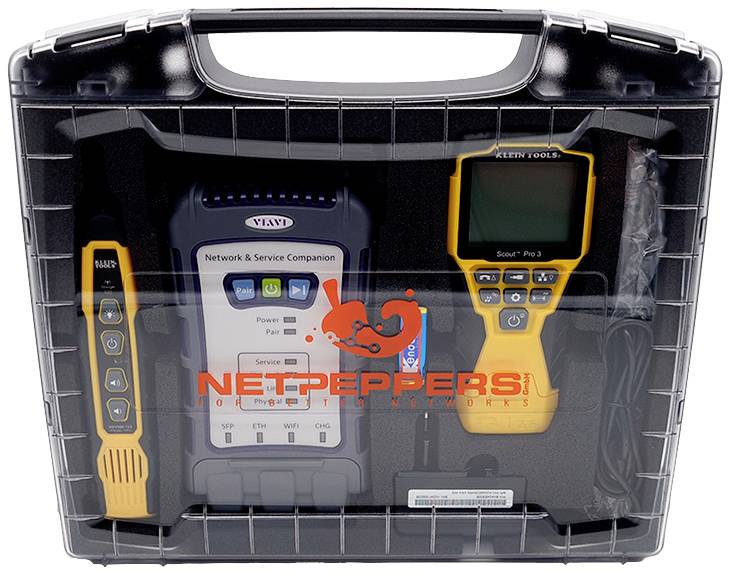 Network tester set in a hard-shell case with multiple devices for network analysis and testing.
