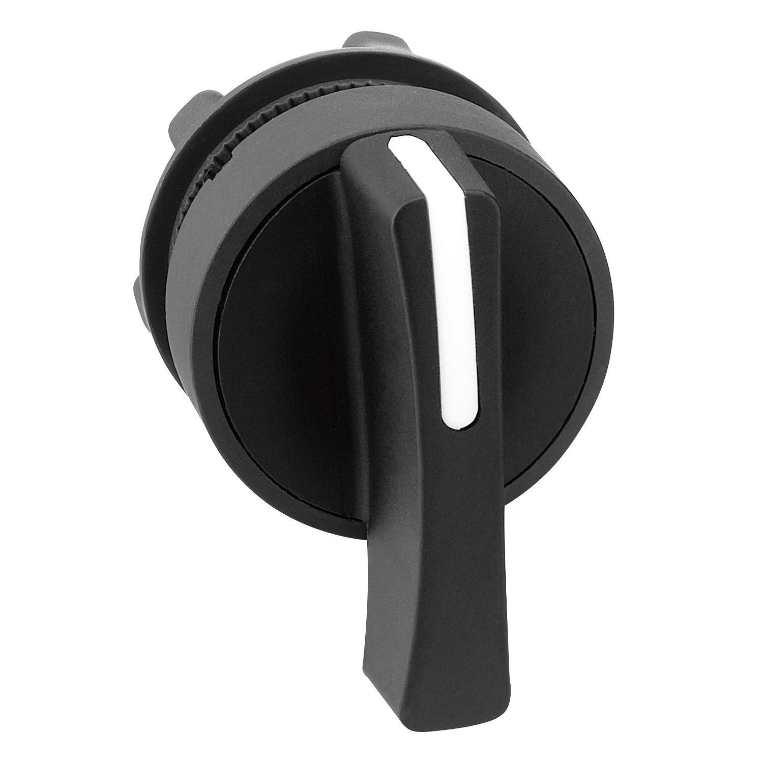 Black rotary knob with white marking, pointing upwards. Used for controlling devices or machines.
