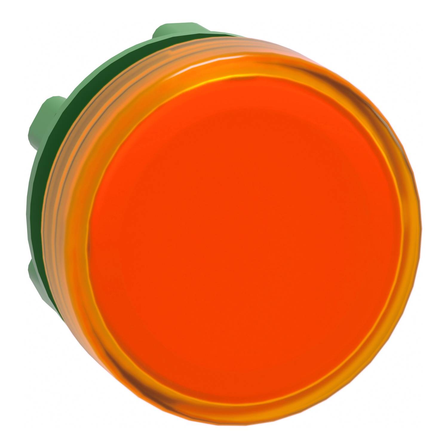 A large, bright orange button with a green border, indicating an emergency or special function switch.