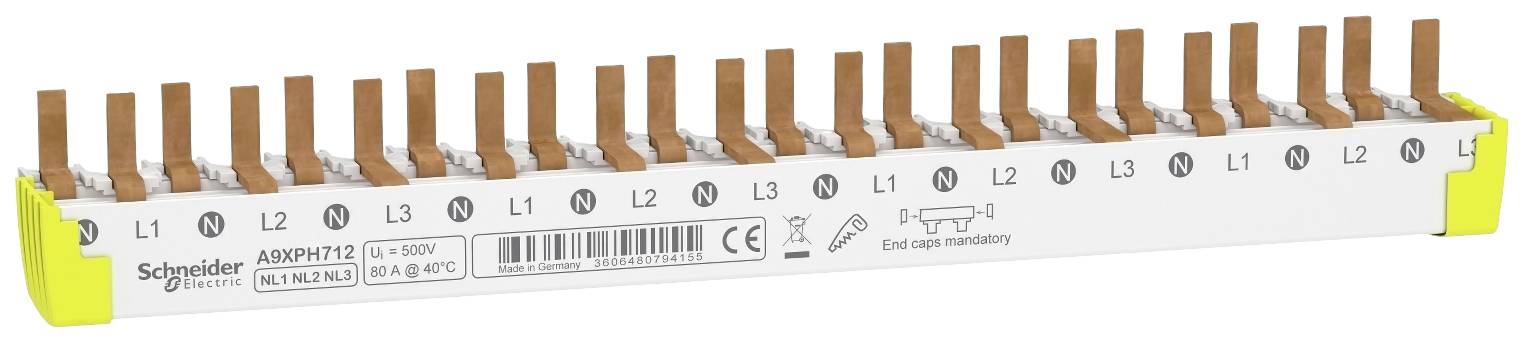 Electrical busbar from Schneider Electric with 3 phases (L1, L2, L3) and multiple connections, suitable for max. 500 V and 100 A.