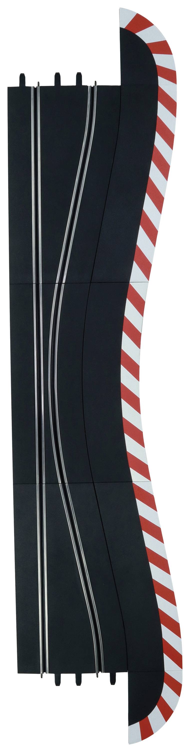 Toy racing track with a bend and red and white boundary markings.
