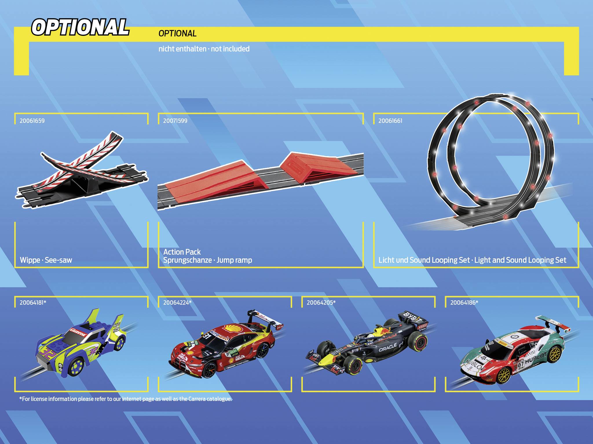 Figure with toy racing track sets: seesaw, jump ramp, light and sound looping set; five colourful toy cars.