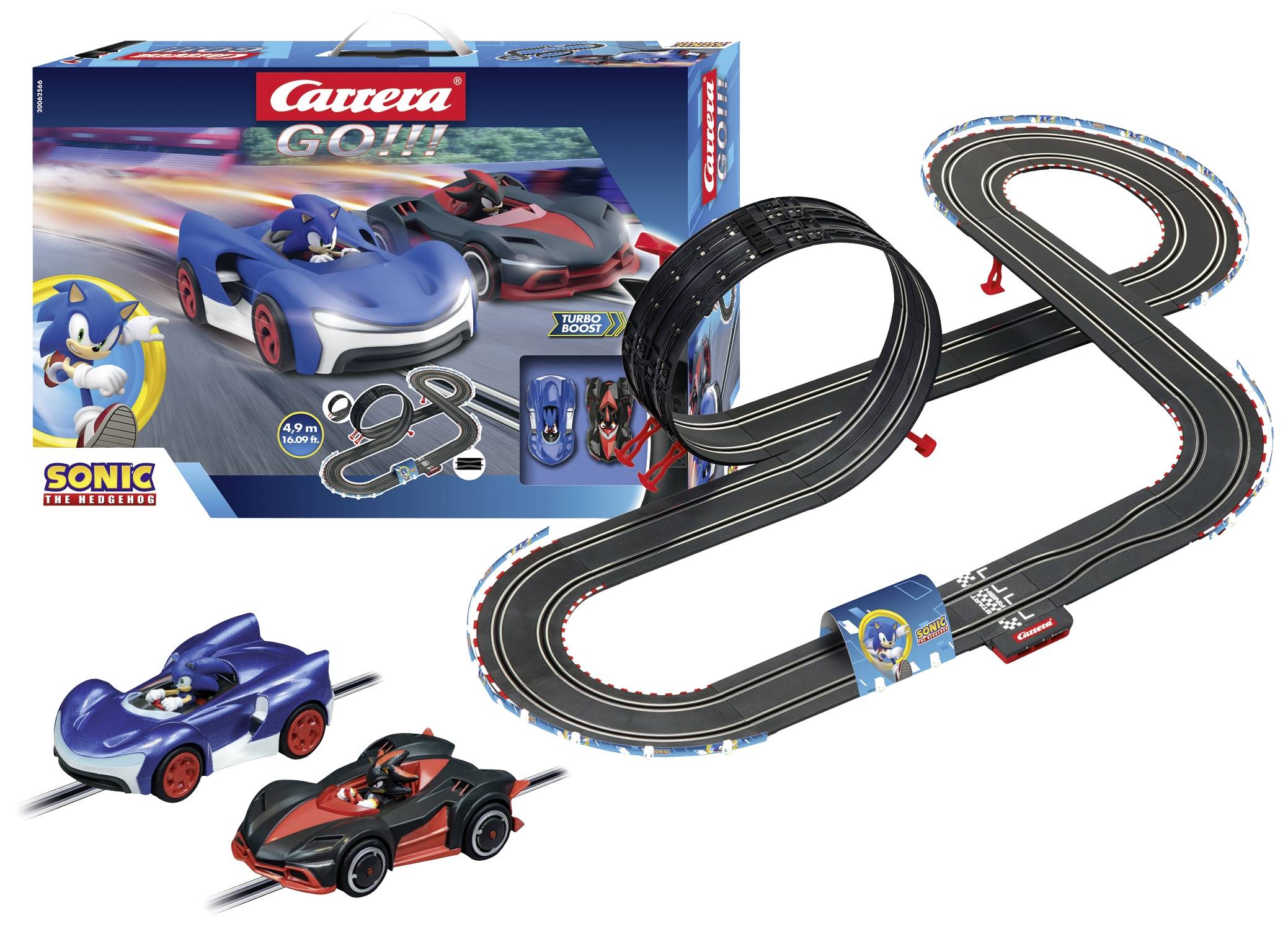 Two toy racing cars, blue and red, on a racing track with a loop. The packaging features a Sonic-themed design. Carrera logo visible.
