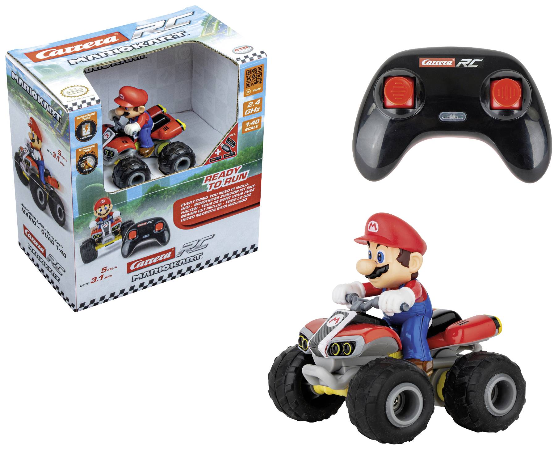 A toy figure on a quad bike with a remote control, designed after a popular video game character. Packaging depicts the same character.