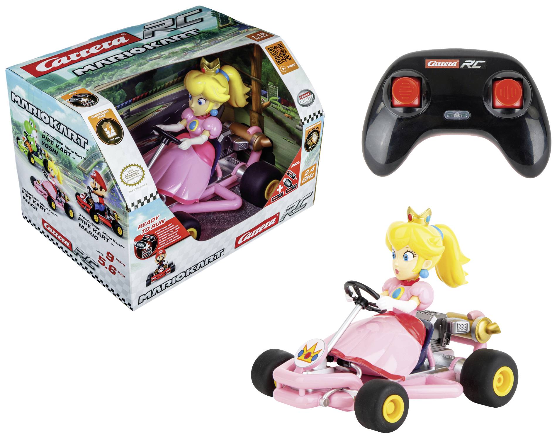 A toy figure in a pink go-kart is radio-controlled. Packaging shows the same figure and remote control. Theme: 'Mario Kart'.