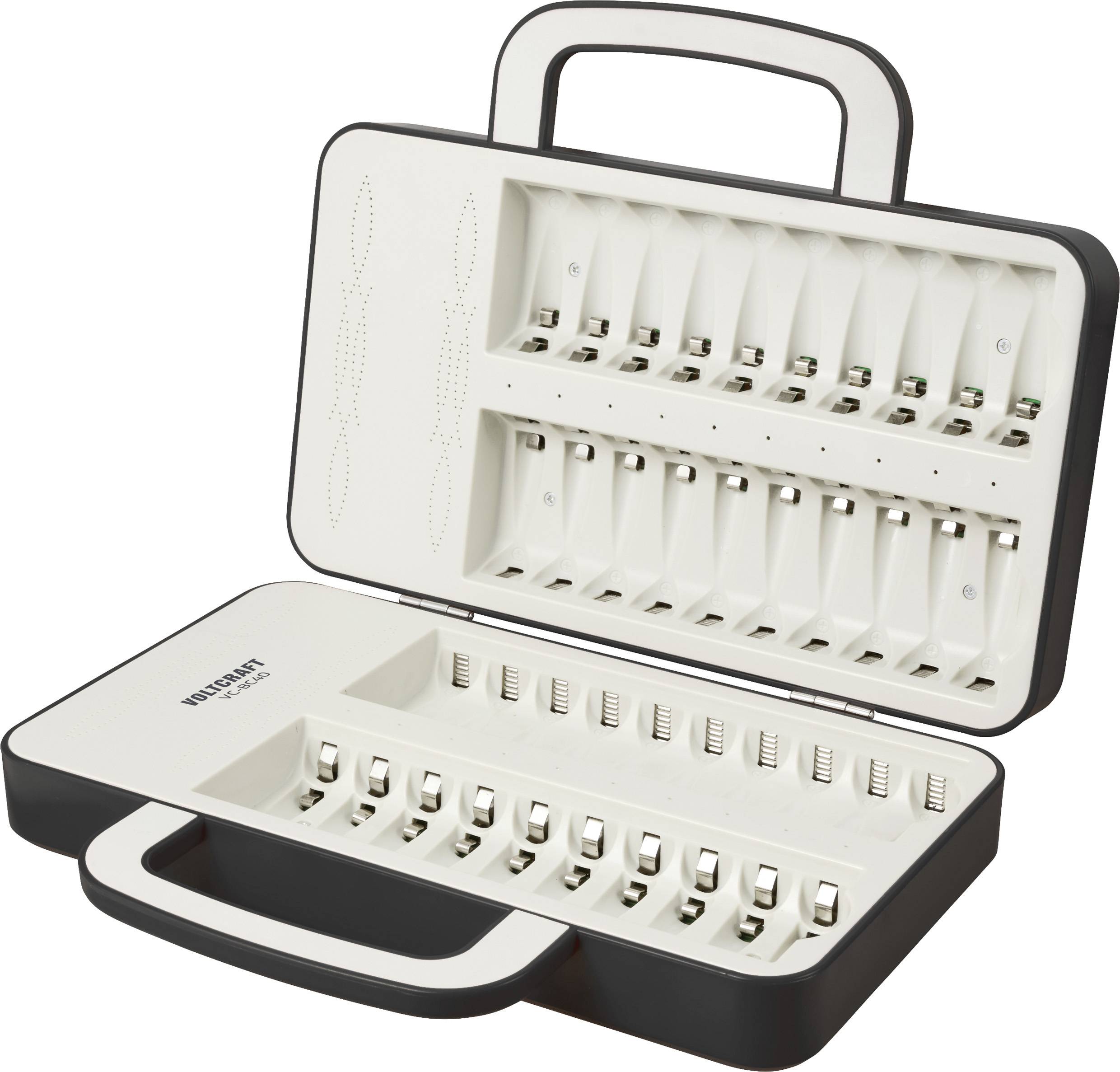 Open organiser with slots for storing batteries in various sizes.