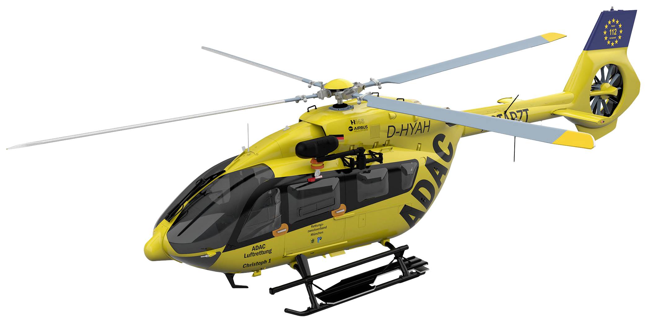 A yellow ADAC rescue helicopter with the inscription 'ADAC Air Rescue Christoph'.