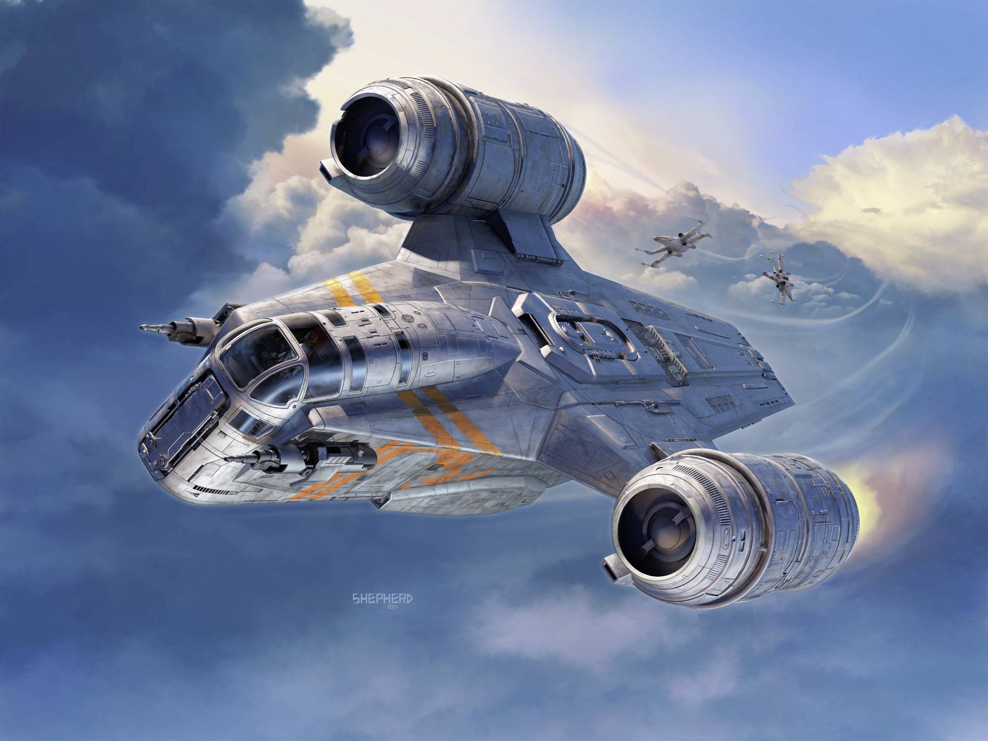 A futuristic spacecraft flies through the sky, pursued by two smaller vessels. Dramatic cloudscape in the background.