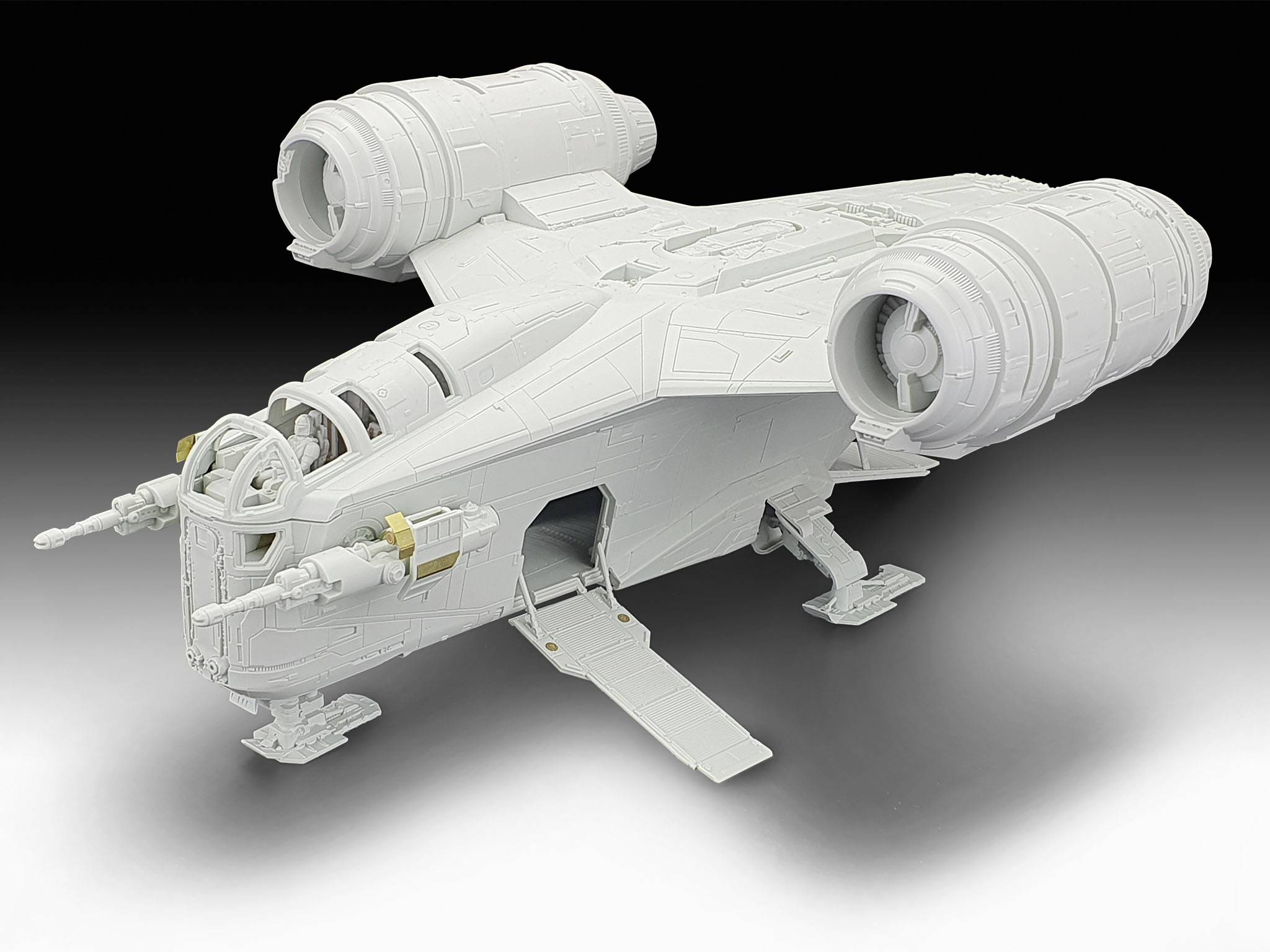 A futuristic spacecraft model with two large engines and intricately detailed cannons, designed in light grey, set against a black background.