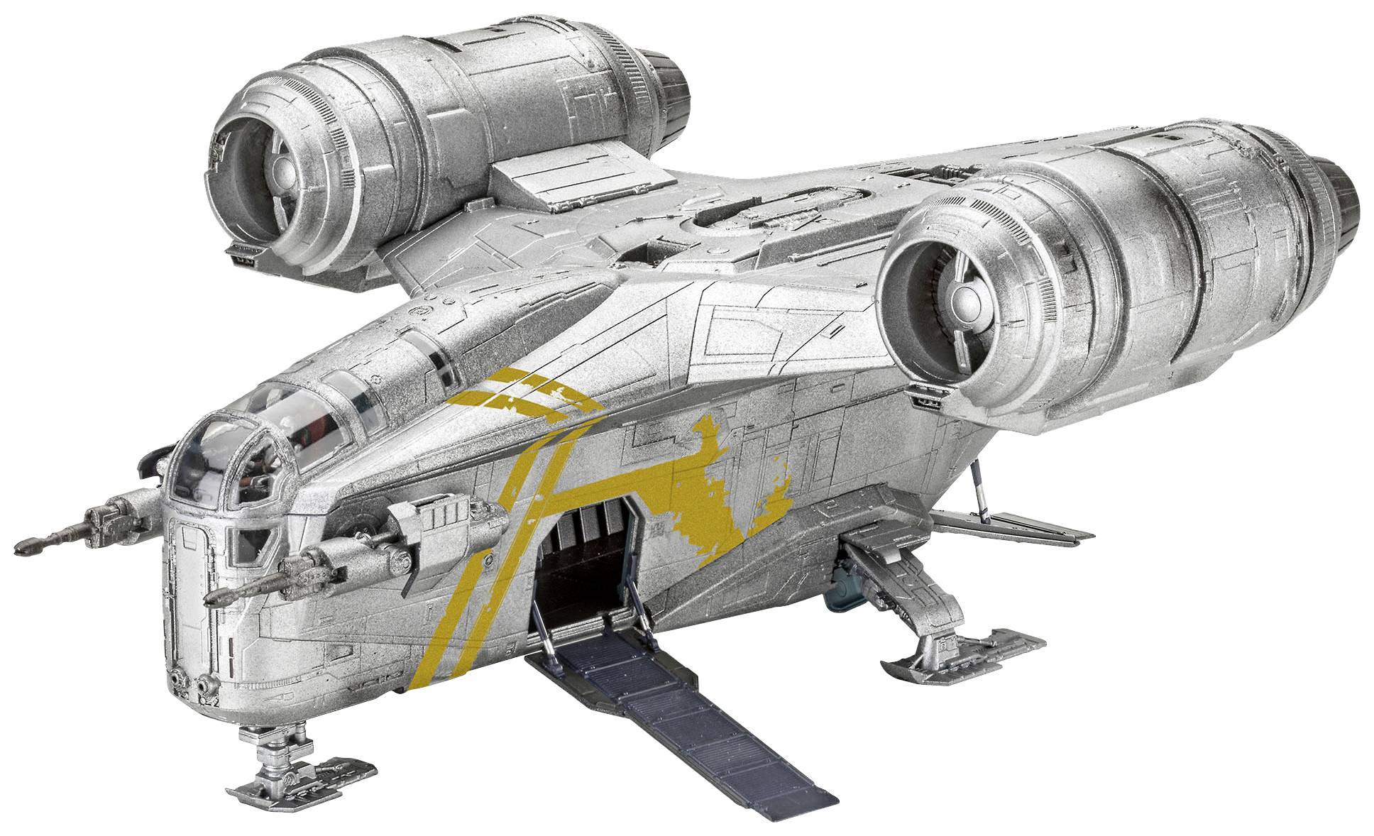 A silver futuristic spacecraft with two large engines and a lowered ramp on its underside.