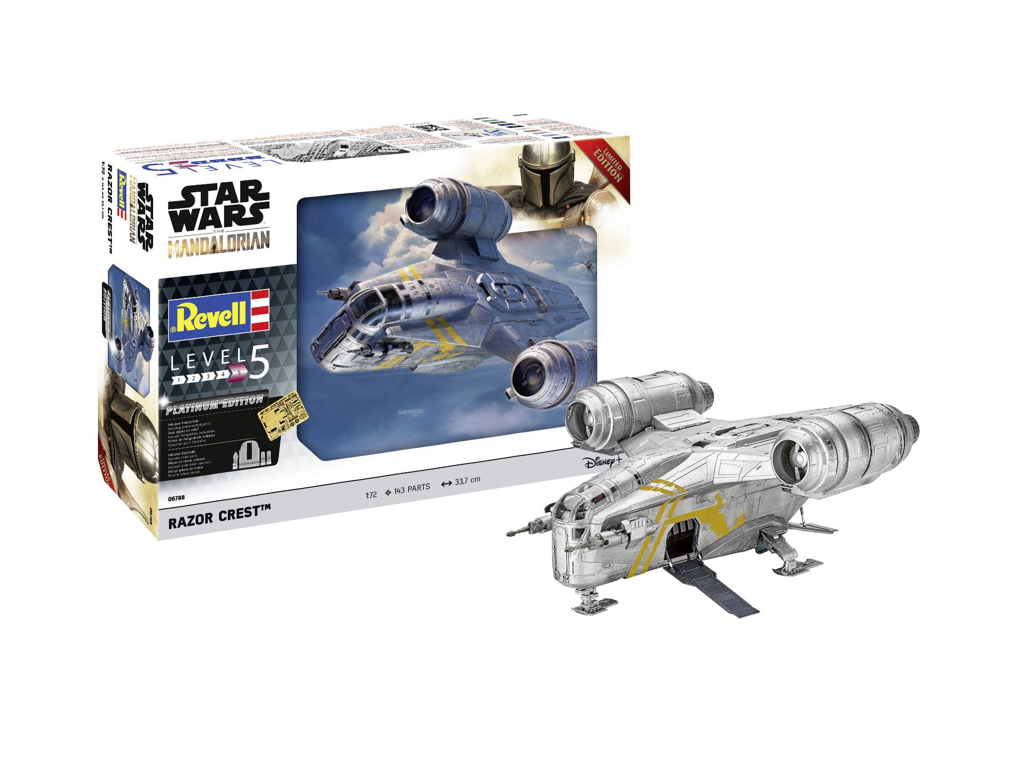 Model kit of a spaceship from 'Star Wars', in scale with 108 pieces, next to the packaging showing the completed model.