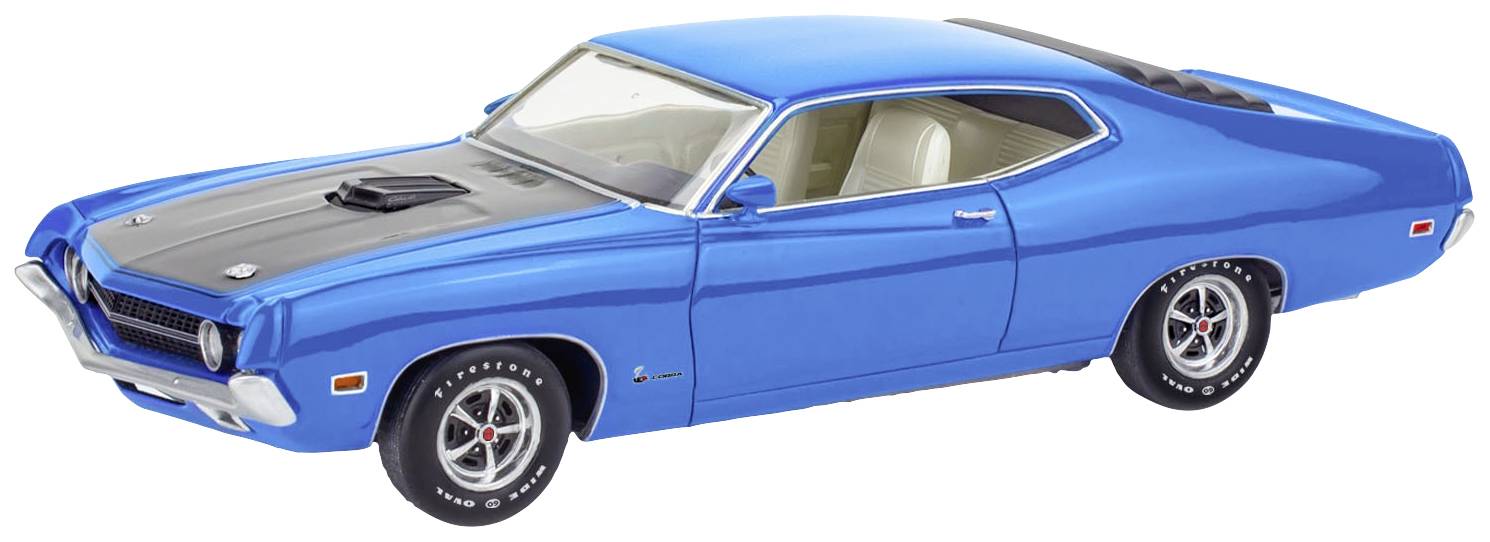 A blue sports car with a black bonnet, two-tone wheels, and white seats is standing on a neutral surface.