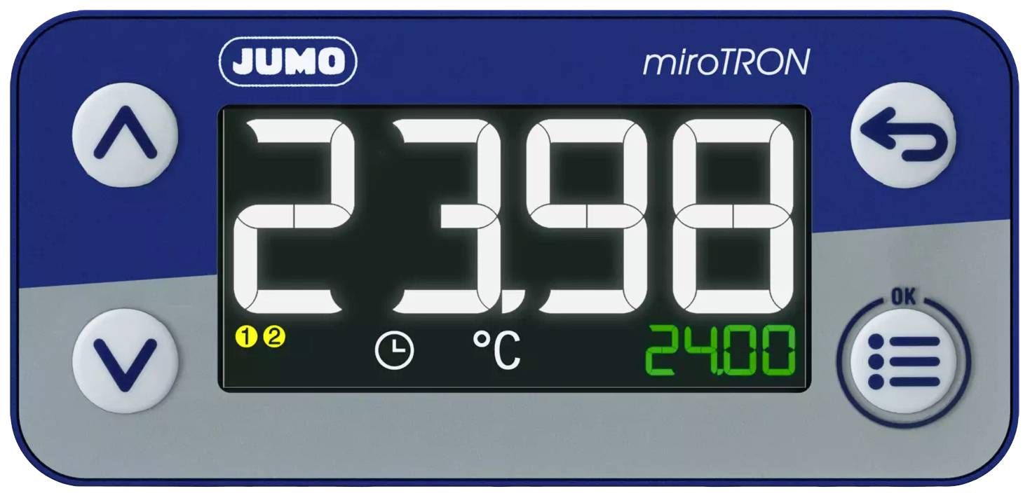 Digital thermometer display with 'JUMO miroTRON' inscription shows a temperature of 23.98°C. Two arrow buttons, an 'OK' button, and a menu symbol are present.