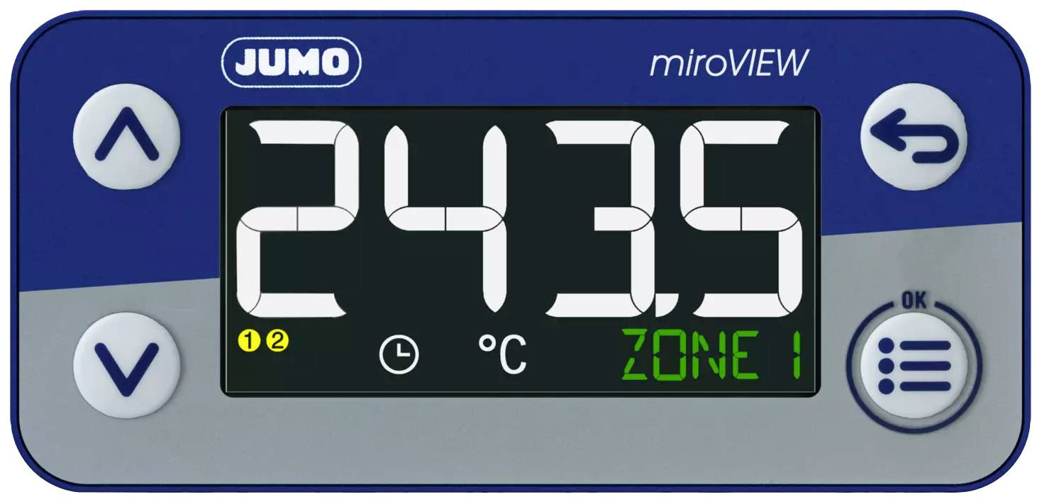 Digital display of a temperature measuring device shows 24.3 degrees Celsius in Zone 1.