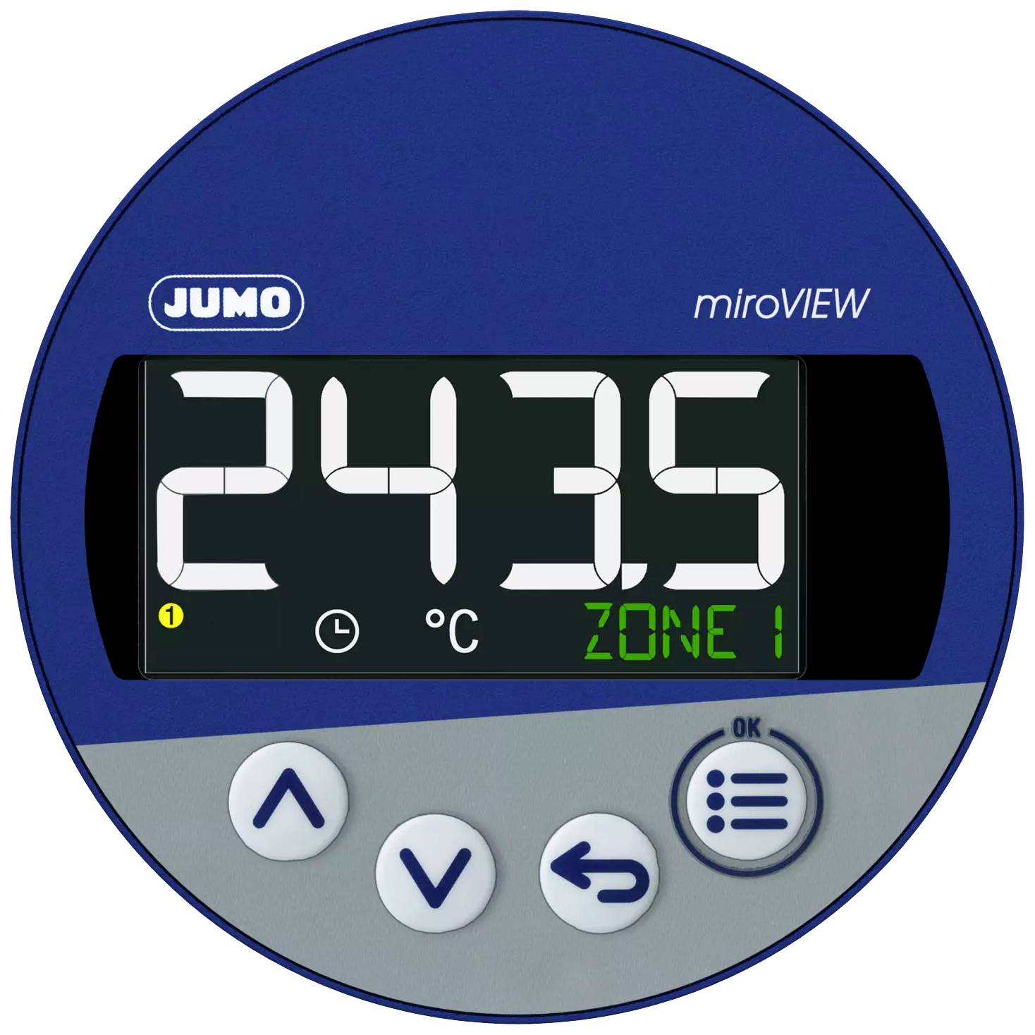 Digital display in a round housing with JUMO logo, showing '24.35 °C, Zone 1'. Control buttons underneath, blue background.