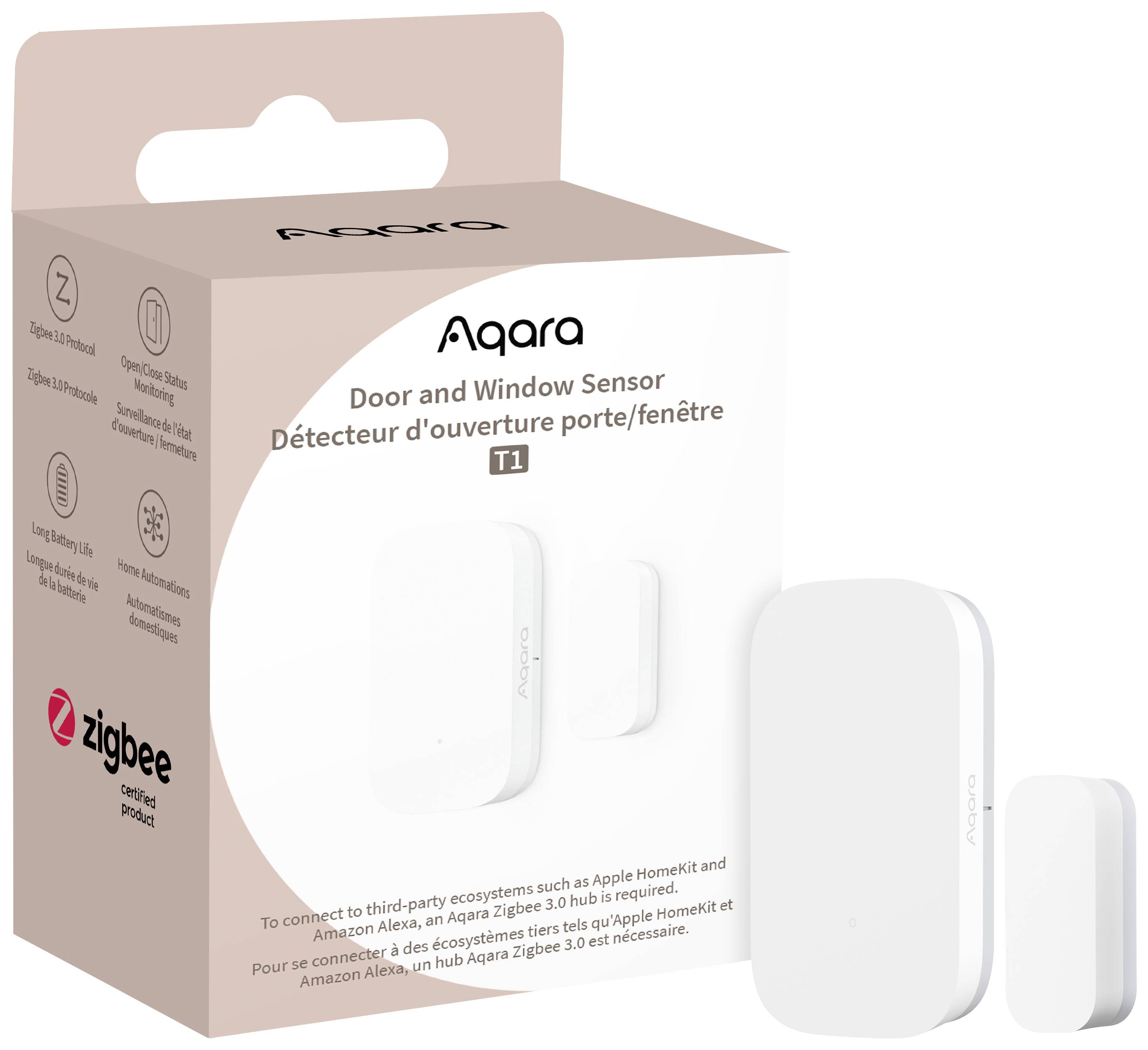 A packaging for an Aqara door and window sensor, model T1, compatible with Zigbee and smart ecosystems such as Apple HomeKit.