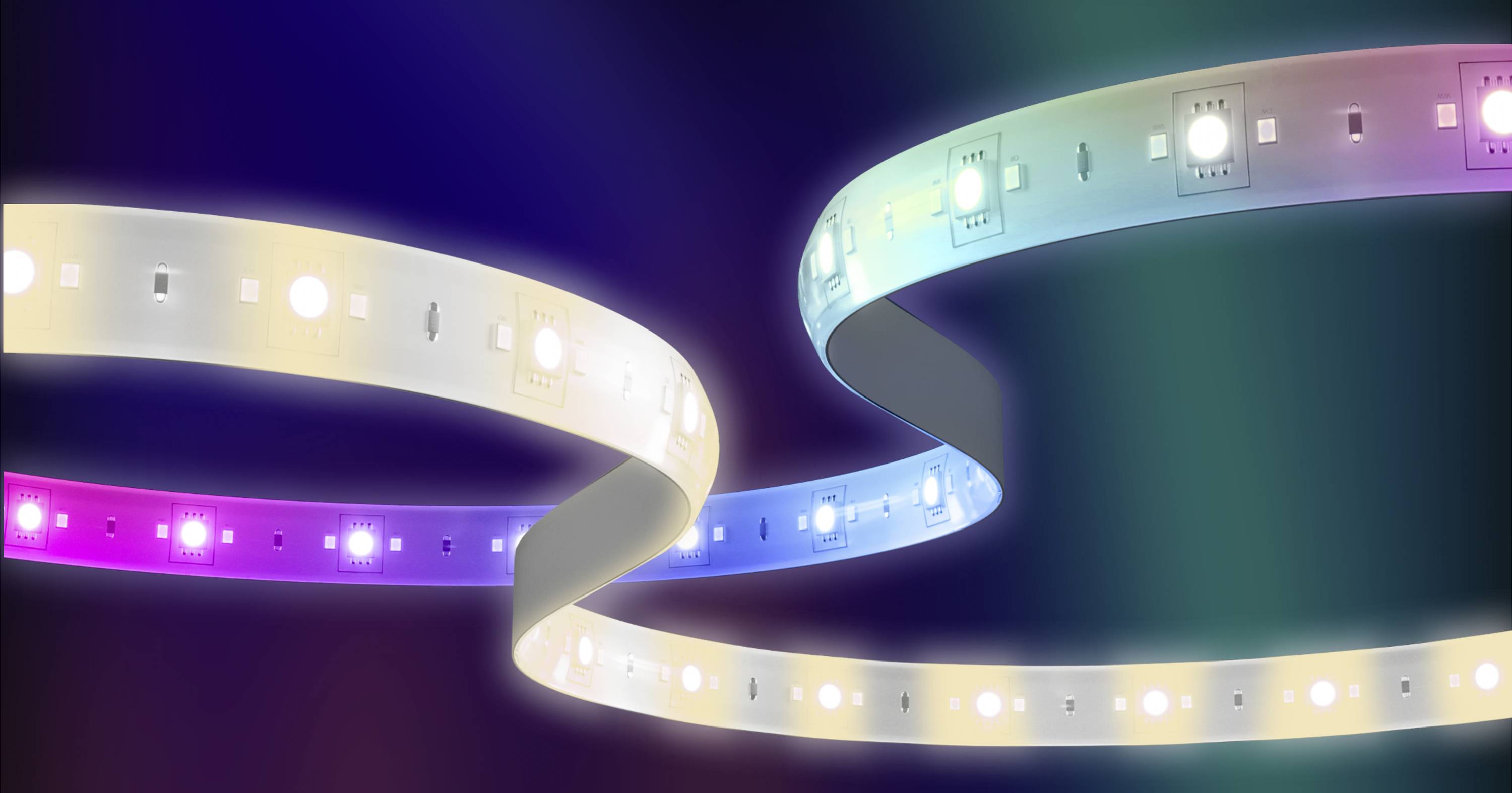 LED light strips in various colours glow in a curved arrangement against a dark background.